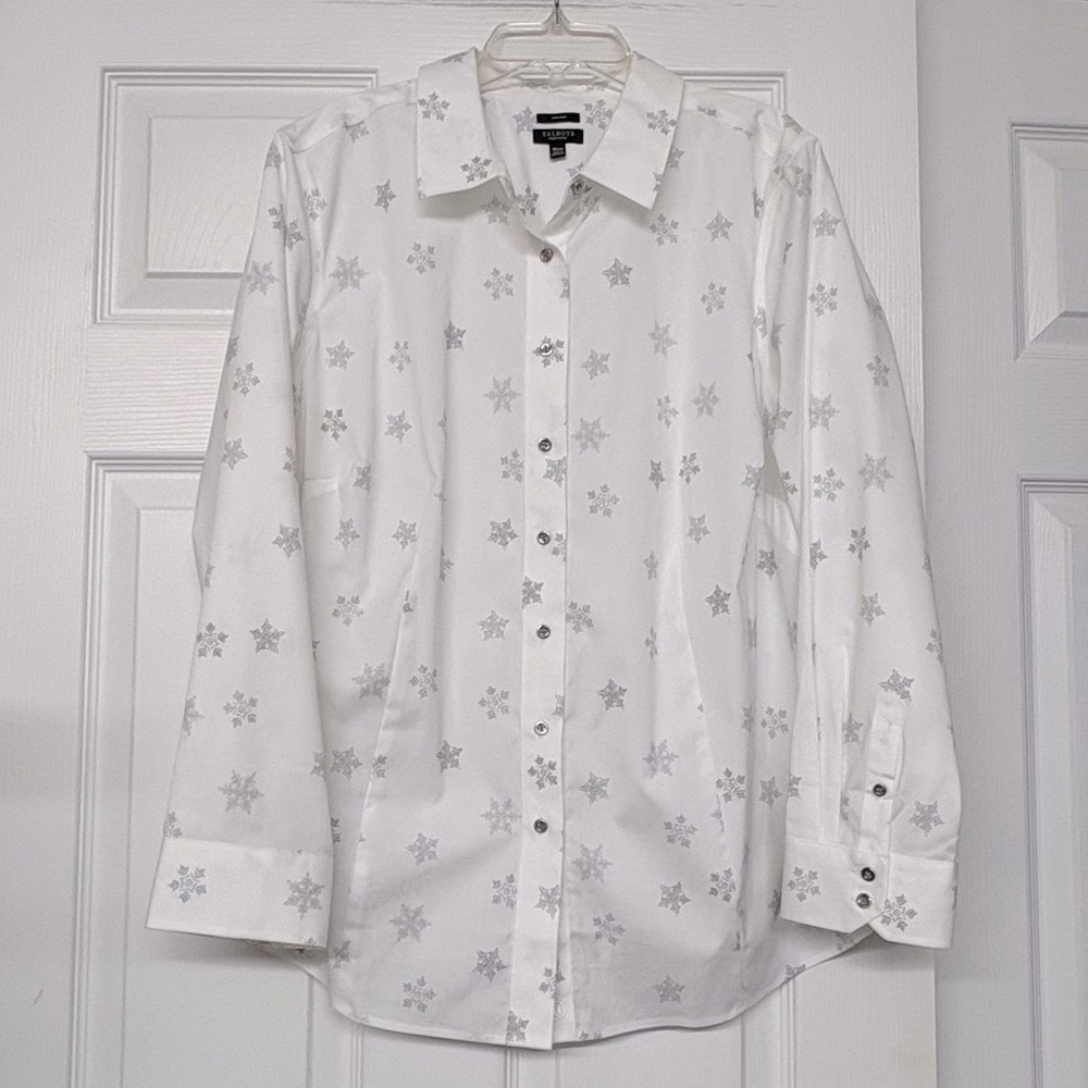 Talbots Snowflake Print Long Sleeve Non Iron Blouse White Gray Sz 18W Petite